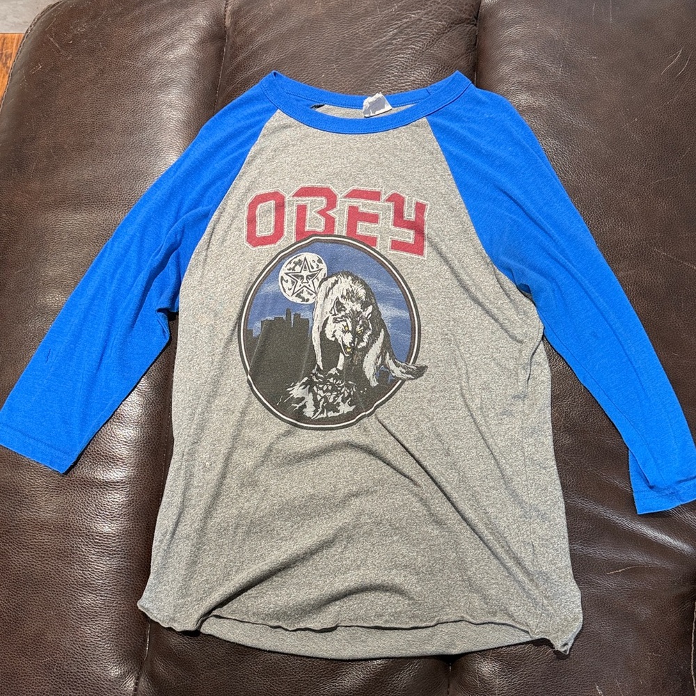 Obey Gray and Blue Graphic Raglan Tee